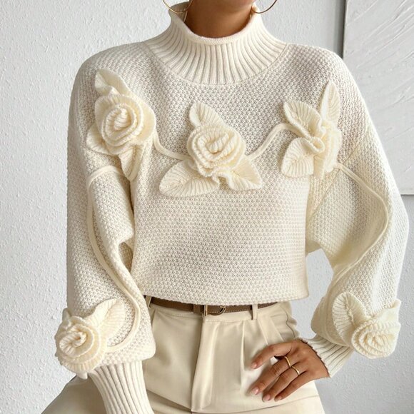 Apricot Casual Women's Loose Floral Print Turtleneck Pullover Sweater - Picture 4 of 9